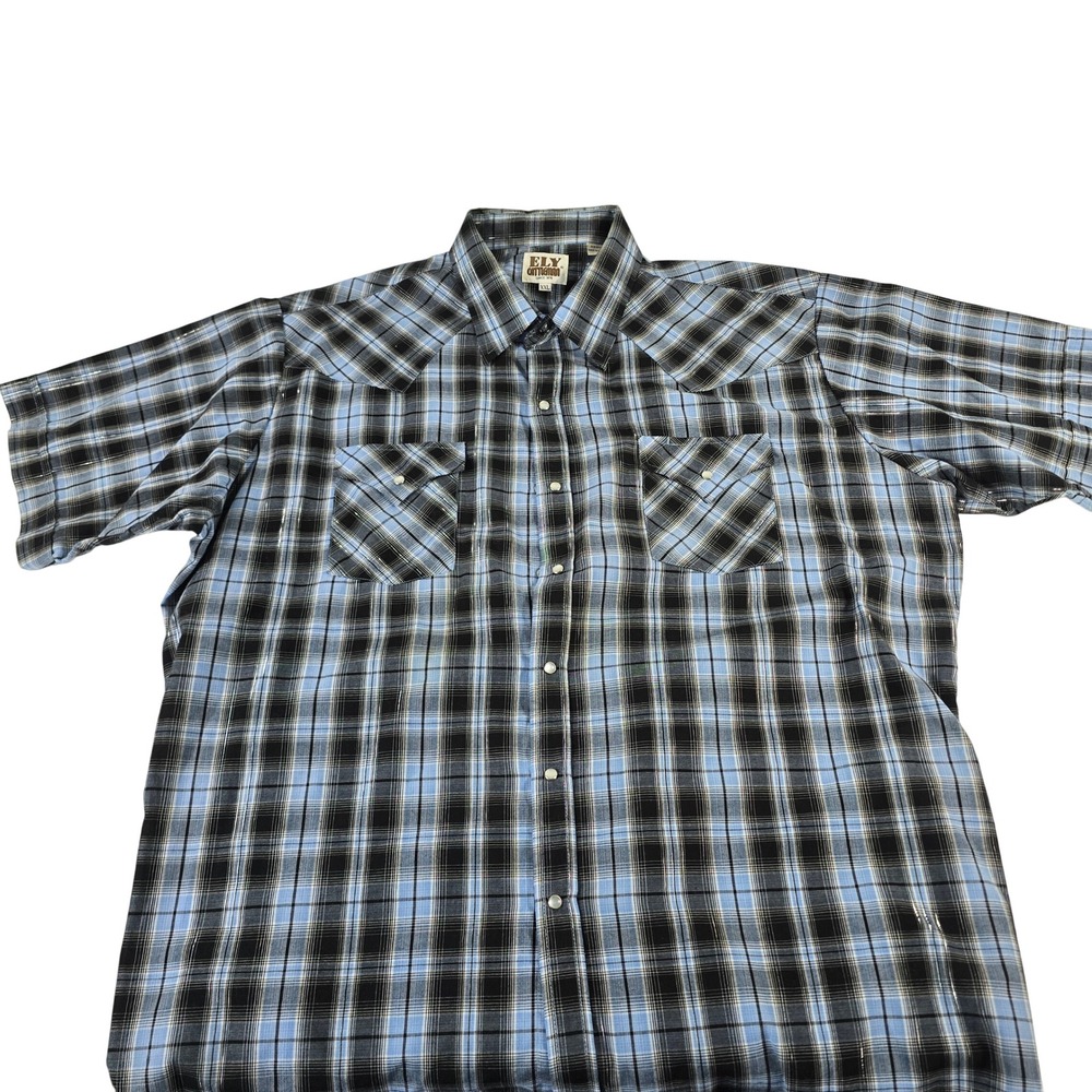 Ely Cattleman Mens XXL Blue Black Plaid Metallic Pearl Snap Western Shirt